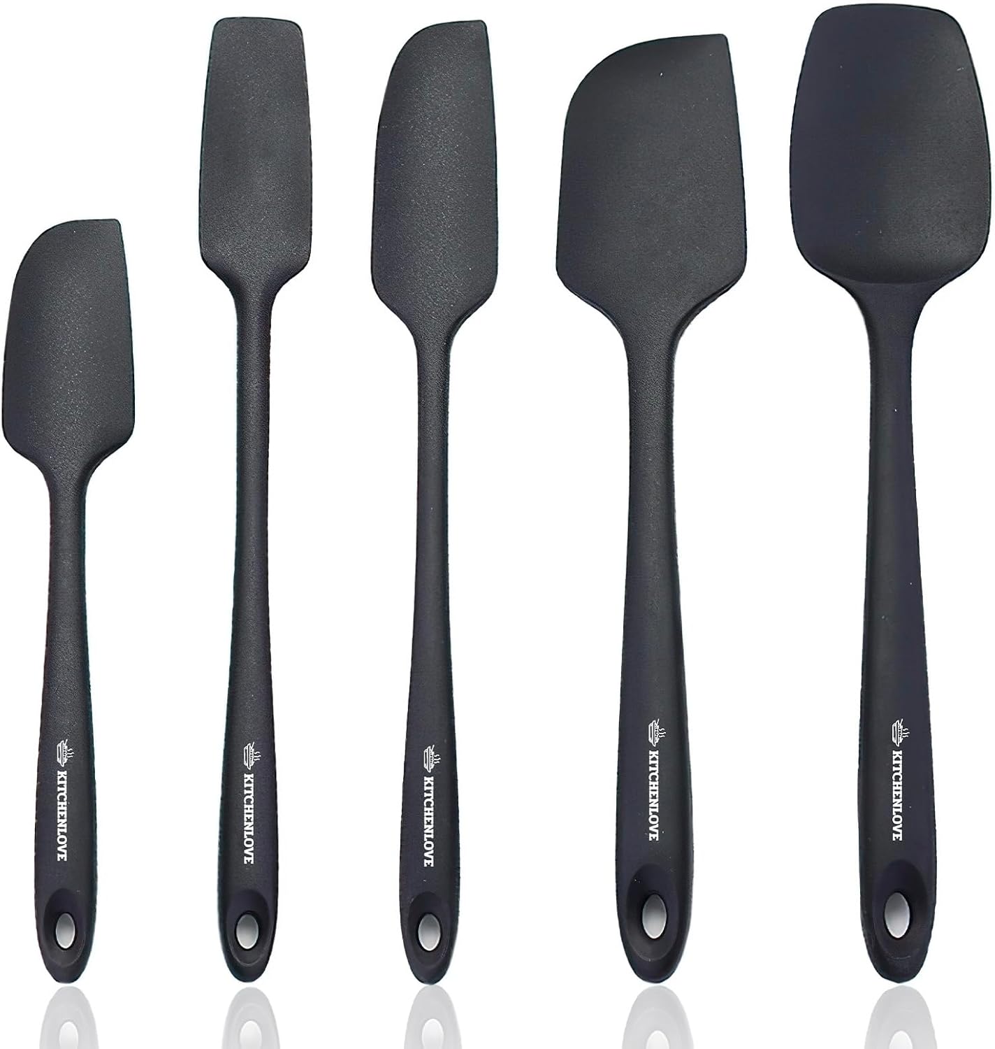Premium 600°F Heat Resistant 5 Piece Silicone Spatula Set for Baking, Cooking, Mixing - Non-Stick with High Grade S-Iron Steel Core - One Piece Seamless Design - BPA Free (Black)