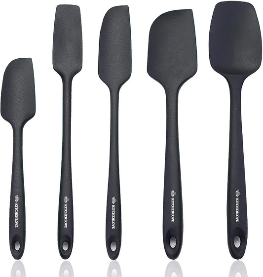 Premium 600°F Heat Resistant 5 Piece Silicone Spatula Set for Baking, Cooking, Mixing - Non-Stick with High Grade S-Iron Steel Core - One Piece Seamless Design - BPA Free (Black)