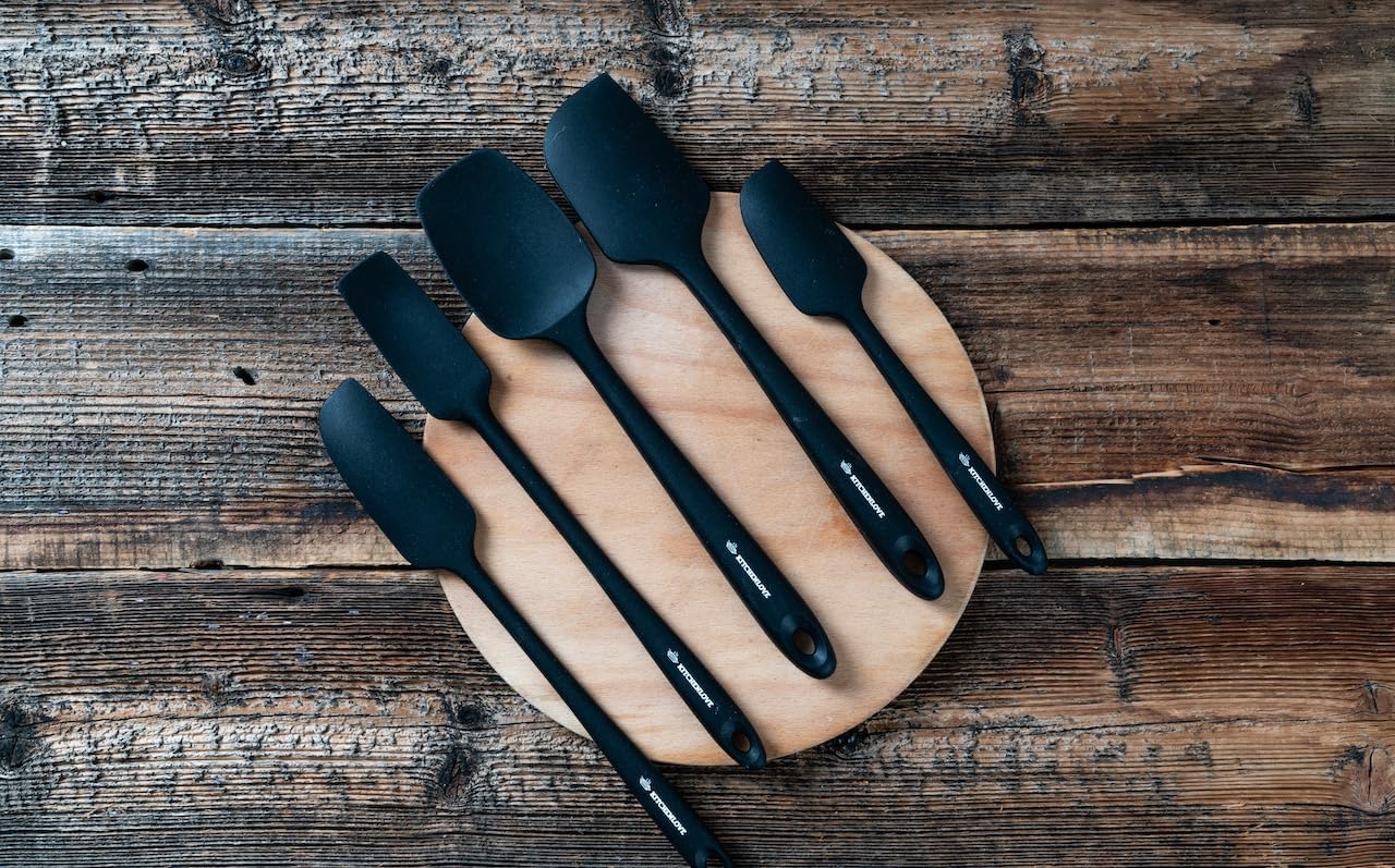 Premium 600°F Heat Resistant 5 Piece Silicone Spatula Set for Baking, Cooking, Mixing - Non-Stick with High Grade S-Iron Steel Core - One Piece Seamless Design - BPA Free (Black)