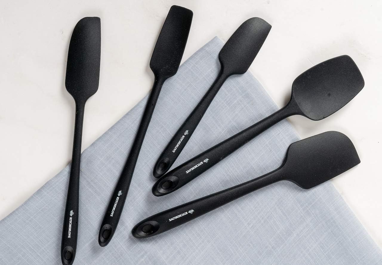 Premium 600°F Heat Resistant 5 Piece Silicone Spatula Set for Baking, Cooking, Mixing - Non-Stick with High Grade S-Iron Steel Core - One Piece Seamless Design - BPA Free (Black)