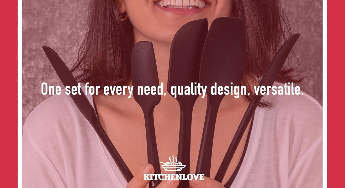 Premium 600°F Heat Resistant 5 Piece Silicone Spatula Set for Baking, Cooking, Mixing - Non-Stick with High Grade S-Iron Steel Core - One Piece Seamless Design - BPA Free (Black)