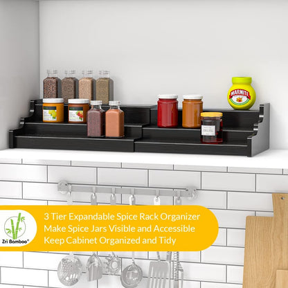 Spice Rack Kitchen Cabinet Organizer- 3 Tier Bamboo Expandable Display Shelf Yellow