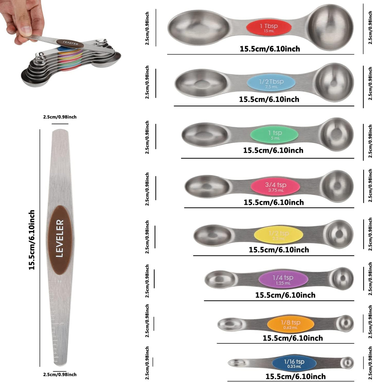 Magnetic Measuring Spoon Set 9 Dual Sided Stainless Steel Measuring Spoons