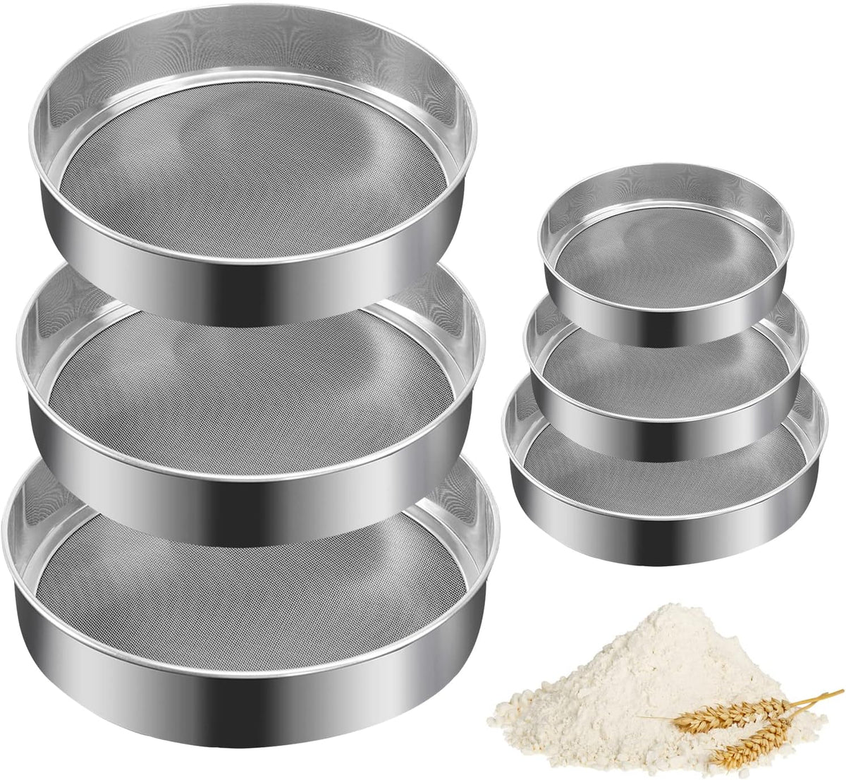 6 Pieces Stainless Steel Flour Sifter, Round Flour Sifter 40 Mesh, Premium Rustproof Flour Sieve Fine Mesh for Baking Cake Bread Pies Pastries Cupcakes（Different sizes）