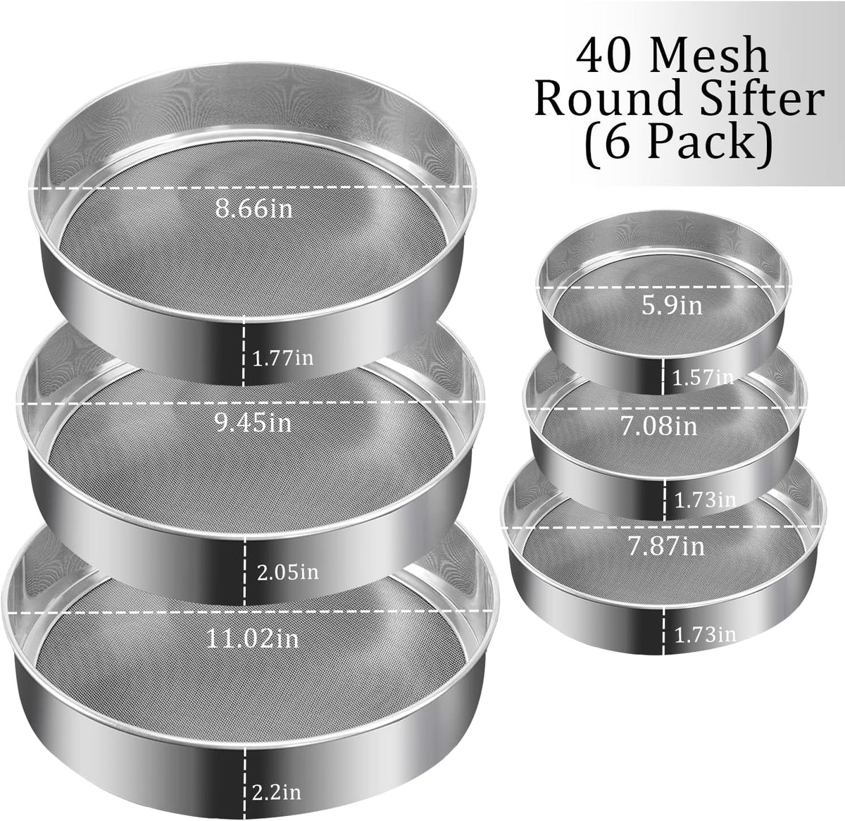 6 Pieces Stainless Steel Flour Sifter, Round Flour Sifter 40 Mesh, Premium Rustproof Flour Sieve Fine Mesh for Baking Cake Bread Pies Pastries Cupcakes（Different sizes）
