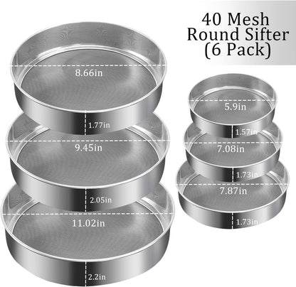 6 Pieces Stainless Steel Flour Sifter, Round Flour Sifter 40 Mesh, Premium Rustproof Flour Sieve Fine Mesh for Baking Cake Bread Pies Pastries Cupcakes（Different sizes）