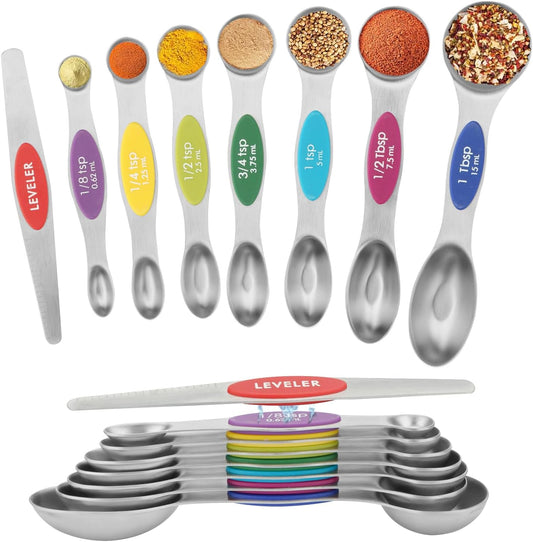 Set of 8 Stainless Steel Magnetic Measuring Spoons Set with Leveler,Dual Sided Stackable Steel Metal Teaspoons for Baking & Cooking Kicchen Accessories (Color)
