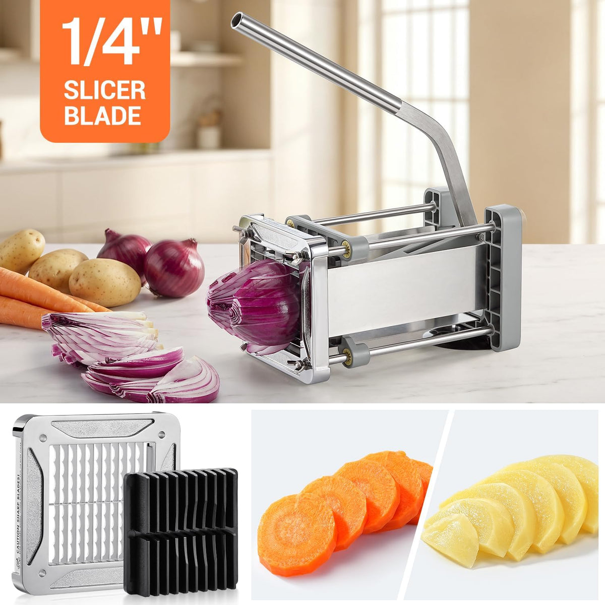 Pro French Fry Cutter for Potatoes with 1/4-1/2-3/8 Inch Blades
