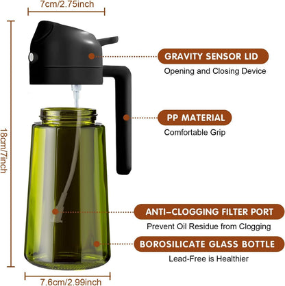 16oz/470ml Glass Olive Oil Sprayer for Cooking - 2 in 1 Olive Oil Dispenser for Kitchen Gadgets, Air Fryer, Salad, and BBQ (black)