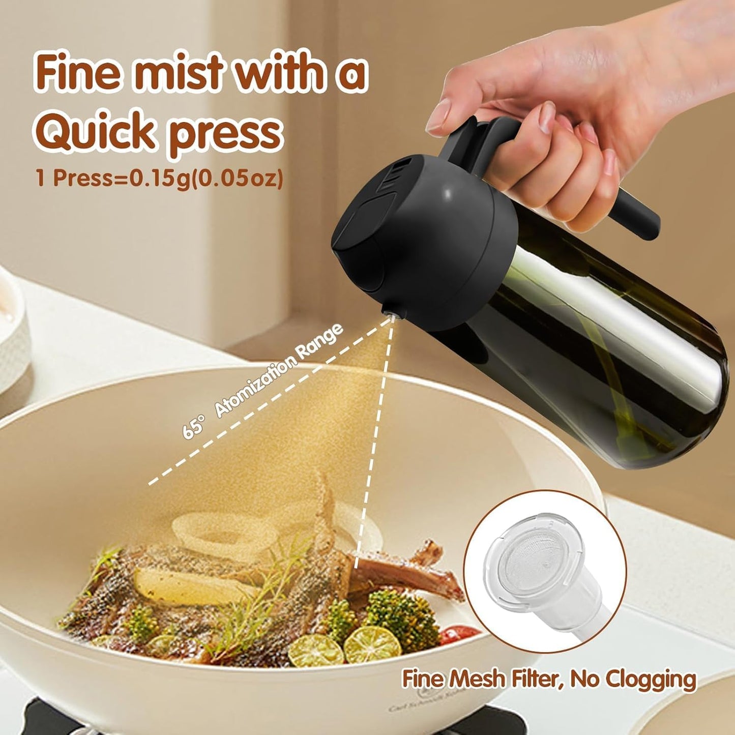 16oz/470ml Glass Olive Oil Sprayer for Cooking - 2 in 1 Olive Oil Dispenser for Kitchen Gadgets, Air Fryer, Salad, and BBQ (black)