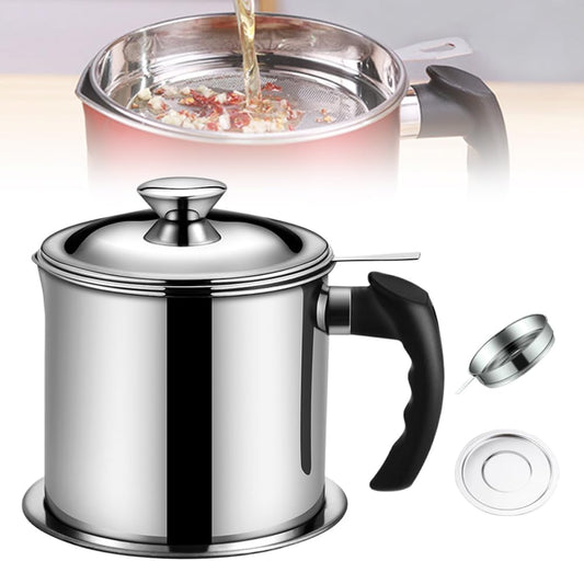 Stainless Steel Oil Filter Pot Can, 44 fl oz Large Capacity Grease Container Storage Pot Dispenser with Strainer & Lid for Storing/Filter/Separator Frying Oil and Cooking Grease (Silver)