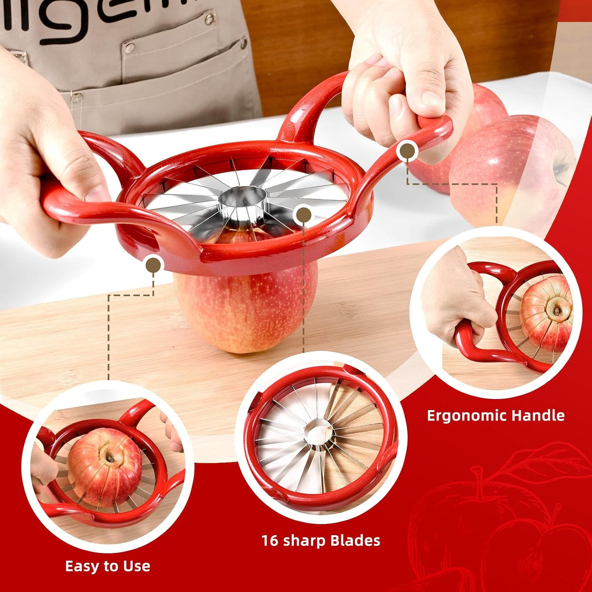 5.5 Inch Extra Large 16-Slice Apple Corer, Heavy Duty Divider Wedger Cutter