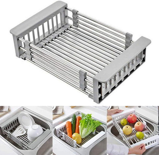 Stainless Steel Kitchen Drying Rack, Retractable Drain Basket with Adjustable Armrest, Over The Sink Dish Drying Rack