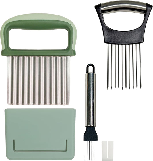 3-in-1 Vegetable Slicer Set with Onion Holder Crinkle Cutter Green Onion Slicer, Stainless Steel Kitchen Chopper for Potato Tomato Lemon Safe Guide Food Prep Gadgets