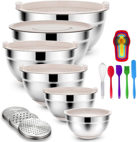 20PCS Stainless Steel Mixing Bowls with Airtight Lids Set | Includes 3 Grater Attachments and Non-Slip Bottoms with Size 7, 4, 3, 2, 1.5, 1QT Nesting Bowls for Baking, Meal Prep