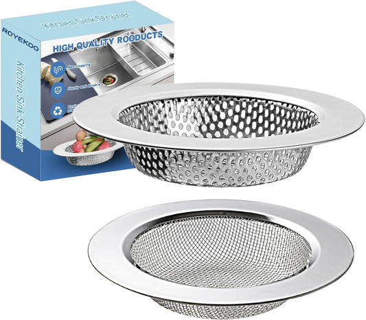 2Pack Stainless Kitchen Sink Strainer 4.4in Wide Rim Mesh Silver | Coarse & fine dual mesh, fits sinks & garbage disposals, traps hair food scraps, rust resistant, easy rinse clean