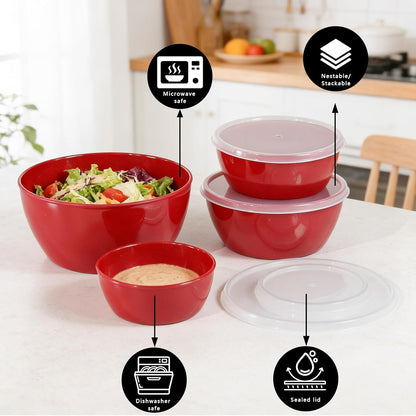 4-Piece Classic Plastic Bowls with Lids, – 8/16/24/32oz Nesting Plastic Small Mixing Bowl Set for Mixing, Baking, Prepping, Cooking and Serving Food, Microwave and Dishwasher Safe