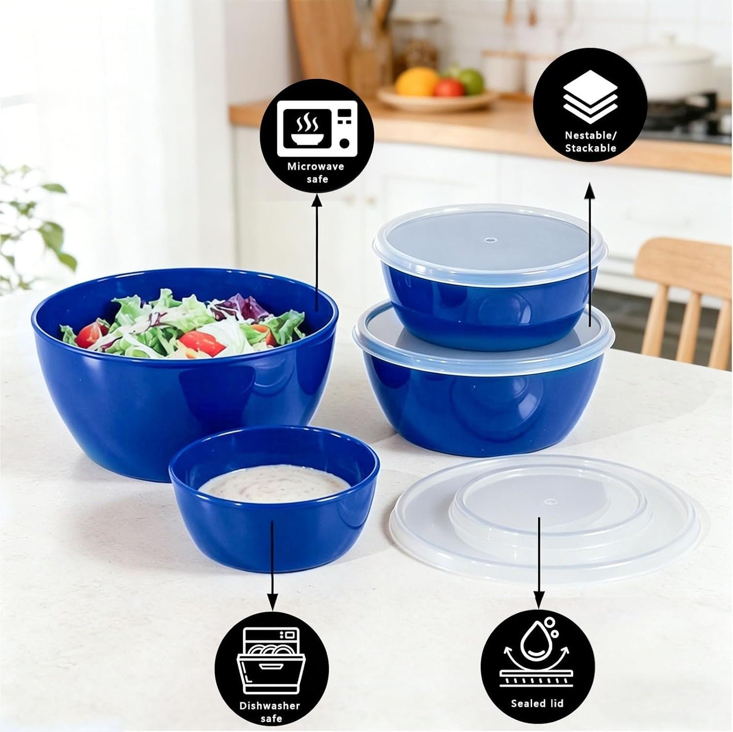 4-Piece Classic Plastic Bowls with Lids, – 8/16/24/32oz Nesting Plastic Small Mixing Bowl Set for Mixing, Baking, Prepping, Cooking and Serving Food, Microwave and Dishwasher Safe
