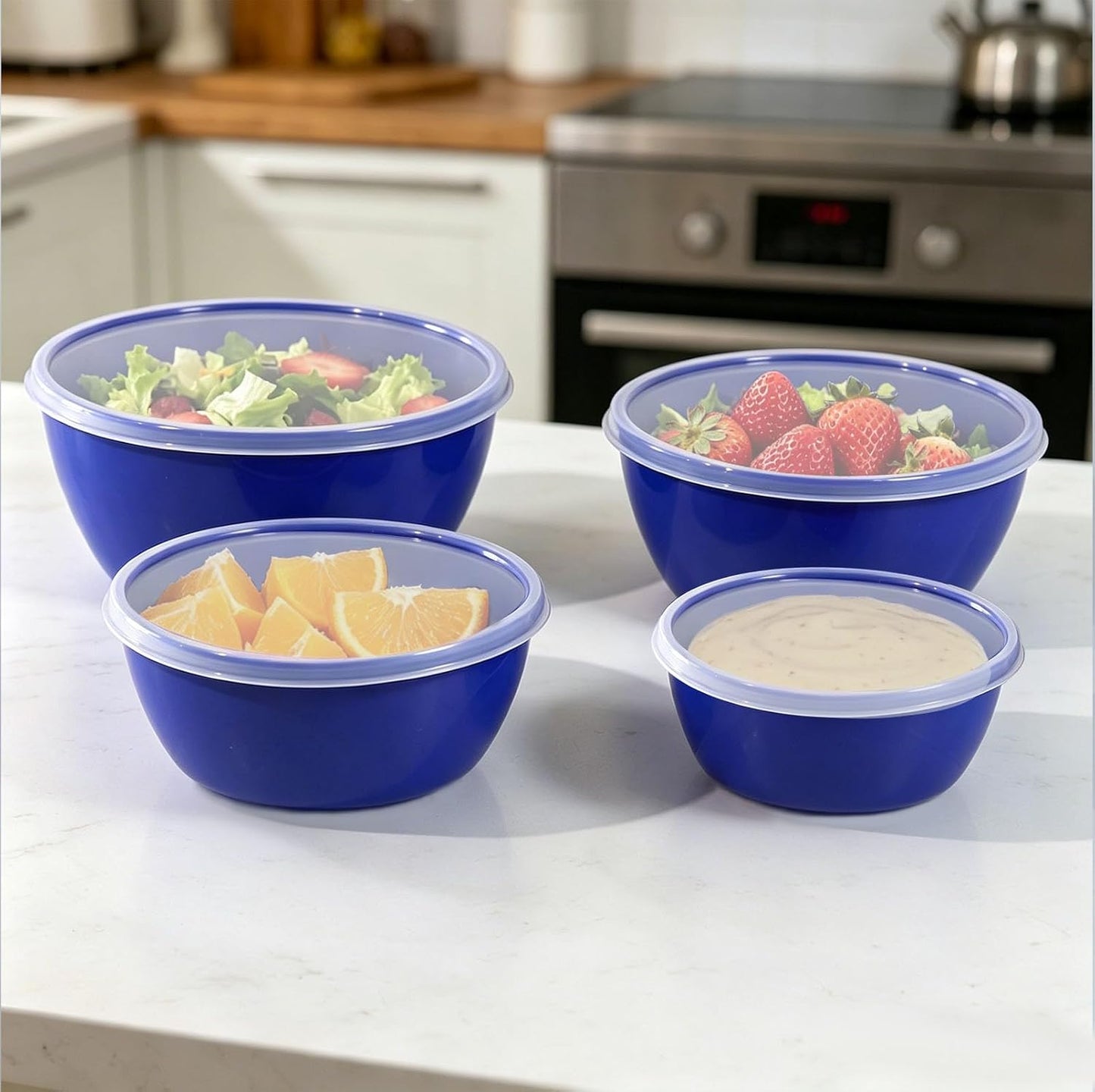 4-Piece Classic Plastic Bowls with Lids, – 8/16/24/32oz Nesting Plastic Small Mixing Bowl Set for Mixing, Baking, Prepping, Cooking and Serving Food, Microwave and Dishwasher Safe