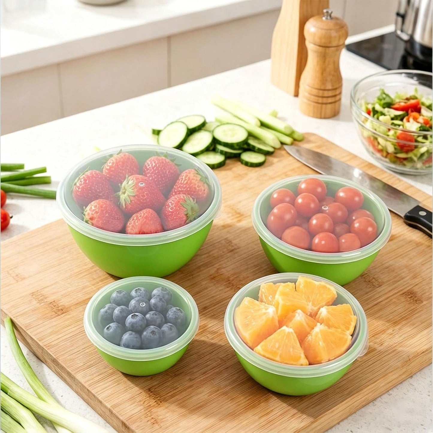 4-Piece Classic Plastic Bowls with Lids, – 8/16/24/32oz Nesting Plastic Small Mixing Bowl Set for Mixing, Baking, Prepping, Cooking and Serving Food, Microwave and Dishwasher Safe