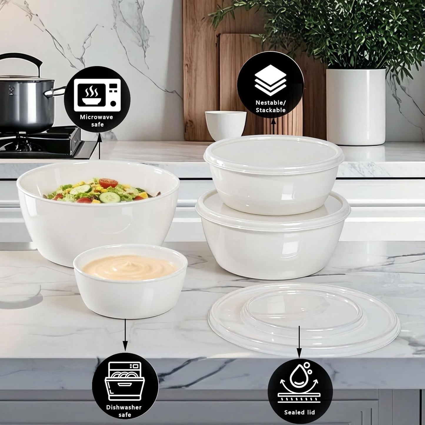 4-Piece Classic Plastic Bowls with Lids, – 8/16/24/32oz Nesting Plastic Small Mixing Bowl Set for Mixing, Baking, Prepping, Cooking and Serving Food, Microwave and Dishwasher Safe