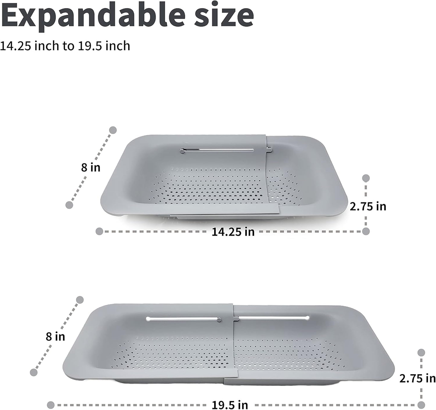 Over the Sink Colander Strainer Basket - Expandable, Wash, Drain, and Dry. - New Home Kitchen Essentials, Multifunctional Kitchen Gadgets, Grey 14.25x8
