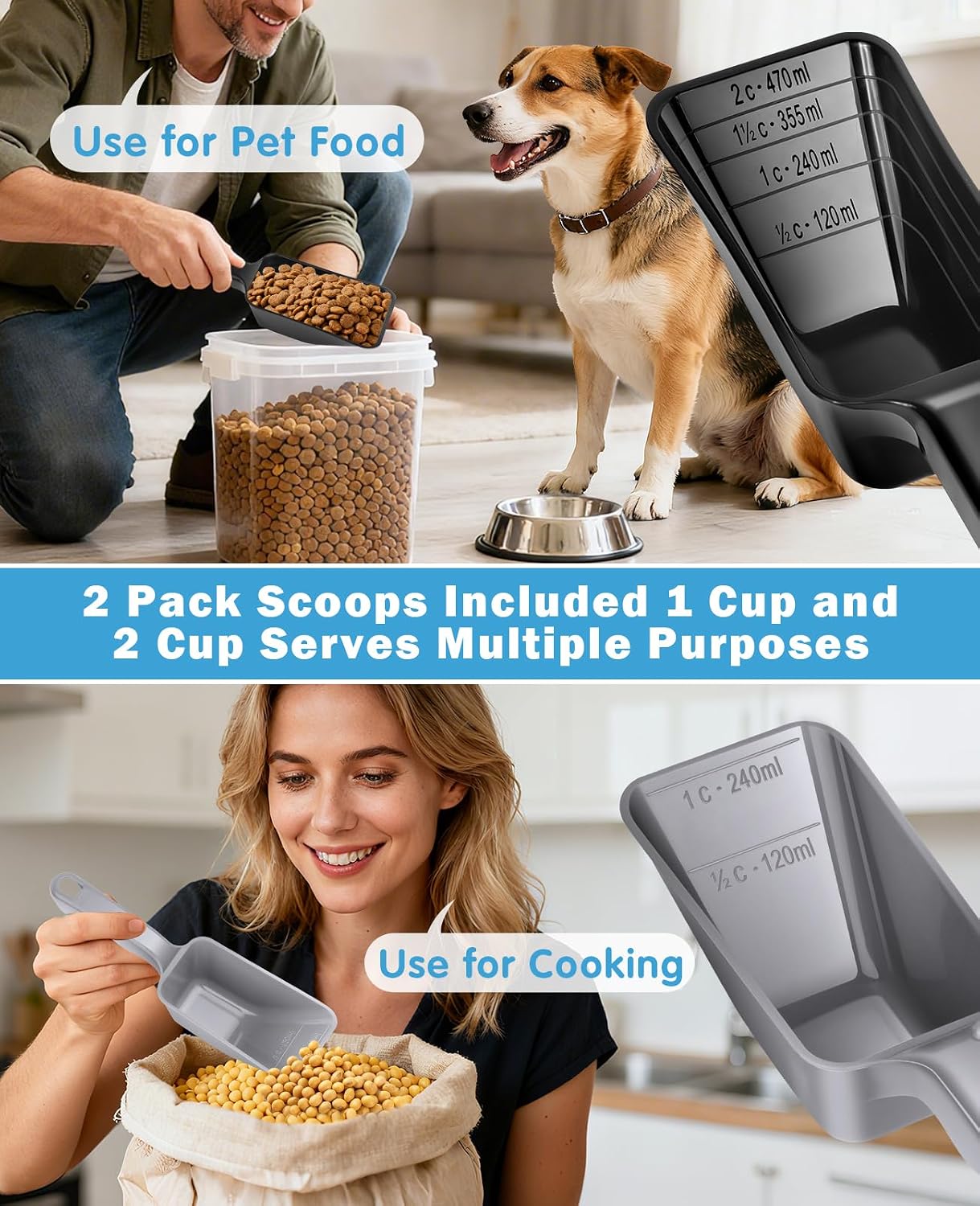 2-Pack Dog Food Scoop Set,1 Cup and 2 Cup Plastic Pet Food Measuring Scoops with Clear Measurement Lines,Multi-Purpose Pet Food Scooper for Dogs, Cats (Blue and Black)