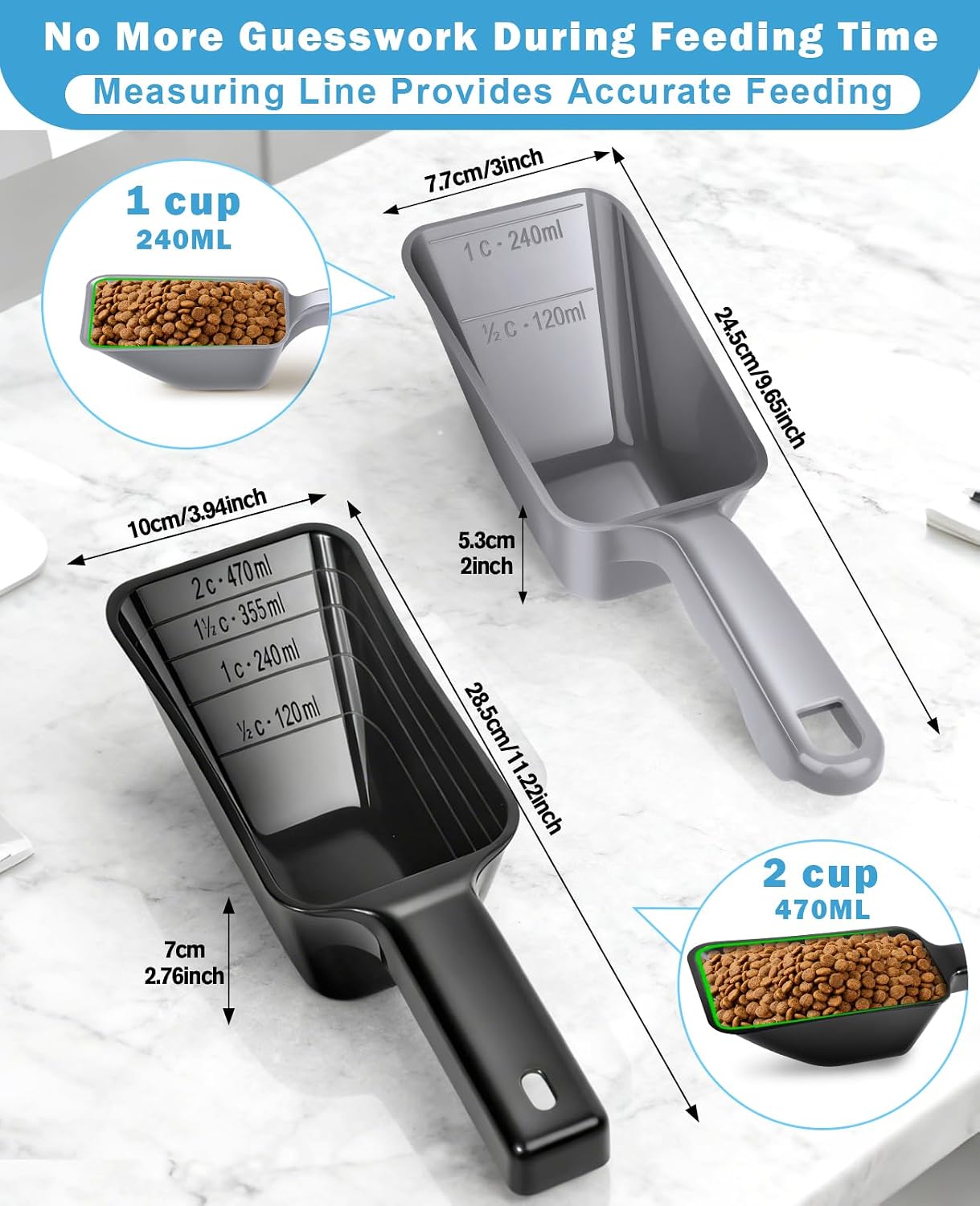 2-Pack Dog Food Scoop Set,1 Cup and 2 Cup Plastic Pet Food Measuring Scoops with Clear Measurement Lines,Multi-Purpose Pet Food Scooper for Dogs, Cats (Blue and Black)