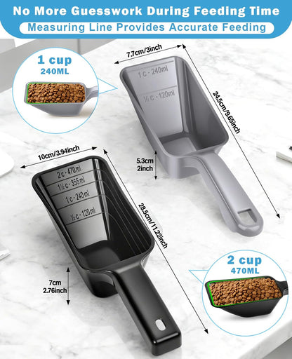 2-Pack Dog Food Scoop Set,1 Cup and 2 Cup Plastic Pet Food Measuring Scoops with Clear Measurement Lines,Multi-Purpose Pet Food Scooper for Dogs, Cats (Blue and Black)