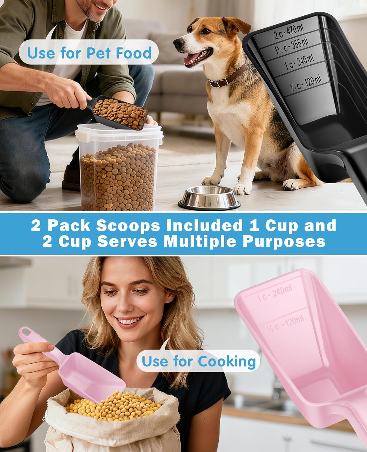 2-Pack Dog Food Scoop Set,1 Cup and 2 Cup Plastic Pet Food Measuring Scoops with Clear Measurement Lines,Multi-Purpose Pet Food Scooper for Dogs, Cats (Blue and Black)