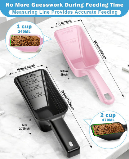 2-Pack Dog Food Scoop Set,1 Cup and 2 Cup Plastic Pet Food Measuring Scoops with Clear Measurement Lines,Multi-Purpose Pet Food Scooper for Dogs, Cats (Blue and Black)