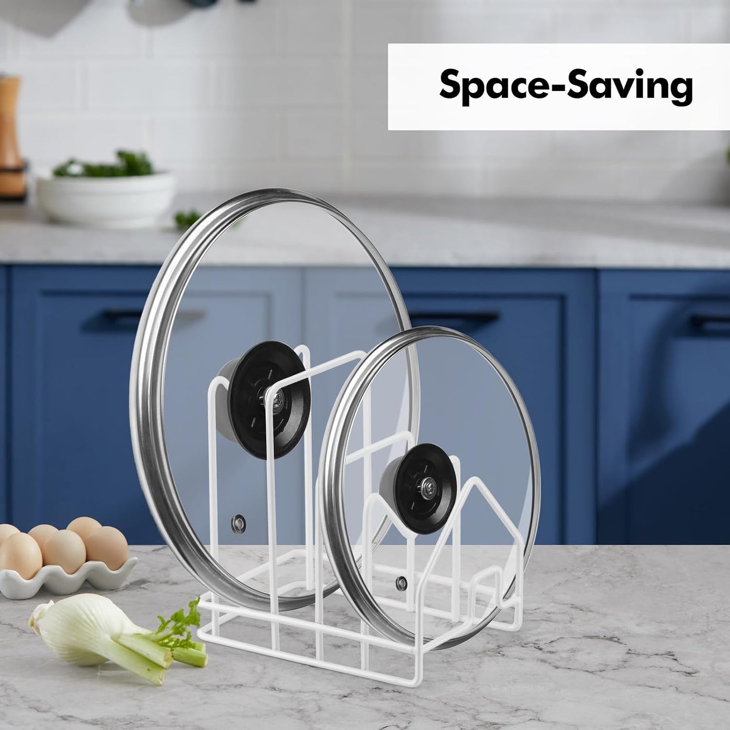 Kitchen Pot Lid Organizer, Pan Rack with 4 Compartments, Pantry Organizer Rack for Dinnerware, Bakeware, Cookware, Cutting Boards, Pan Lids (Small Size, White)