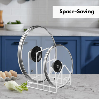 Kitchen Pot Lid Organizer, Pan Rack with 4 Compartments, Pantry Organizer Rack for Dinnerware, Bakeware, Cookware, Cutting Boards, Pan Lids (Small Size, White)