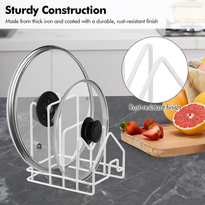 Kitchen Pot Lid Organizer, Pan Rack with 4 Compartments, Pantry Organizer Rack for Dinnerware, Bakeware, Cookware, Cutting Boards, Pan Lids (Small Size, White)