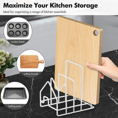Kitchen Pot Lid Organizer, Pan Rack with 4 Compartments, Pantry Organizer Rack for Dinnerware, Bakeware, Cookware, Cutting Boards, Pan Lids (Small Size, White)