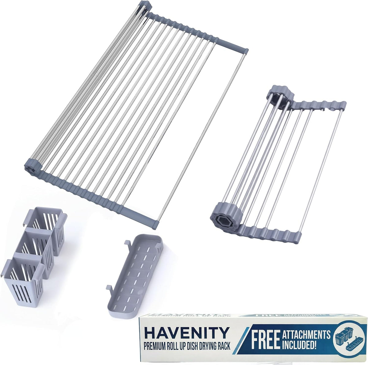 ™ Expandable Roll Up Dish Drying Rack for Small Sinks - Expandable 12.8 to 22.8 Inch Over Sink Rack, Fits Apartments, RVs and Office Kitchens, Stainless Steel, 2 Baskets