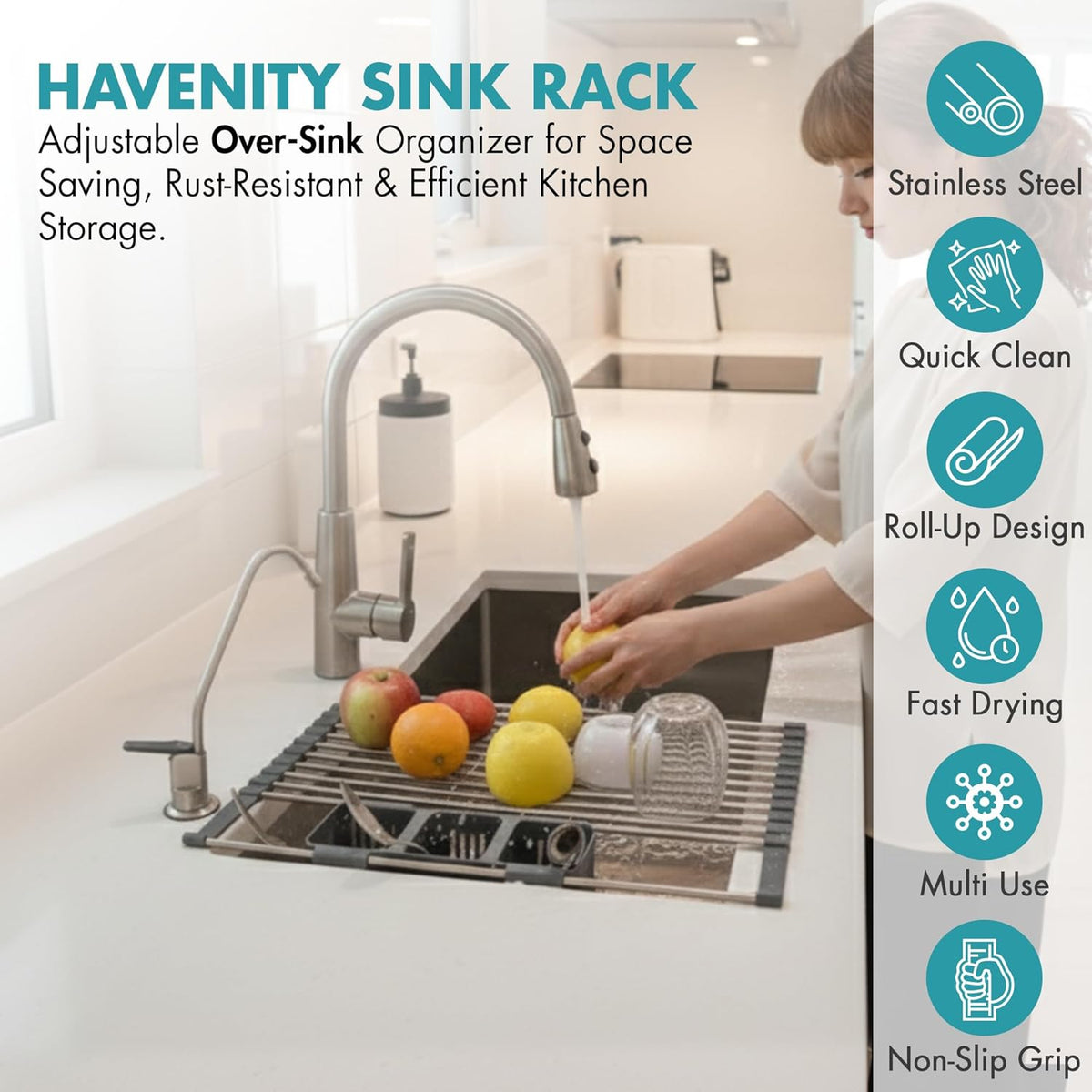 ™ Expandable Roll Up Dish Drying Rack for Small Sinks - Expandable 12.8 to 22.8 Inch Over Sink Rack, Fits Apartments, RVs and Office Kitchens, Stainless Steel, 2 Baskets