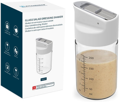 Glass Salad Dressing Shaker Bottle with Fresh-Keeping Lock Mechanism, Drip-free Spout, 12 oz Homemade Oil and Vinegar Salad Dressing Container Mixer Dispenser, Dishwasher Safe