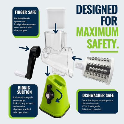 Rotary Cheese Grater with Handle – Manual Vegetable Slicer & Round Shredder – 3 Interchangeable Stainless Steel Blades for Cheese, Nuts, Chocolate – Strong Suction Base Kitchen Mandoline