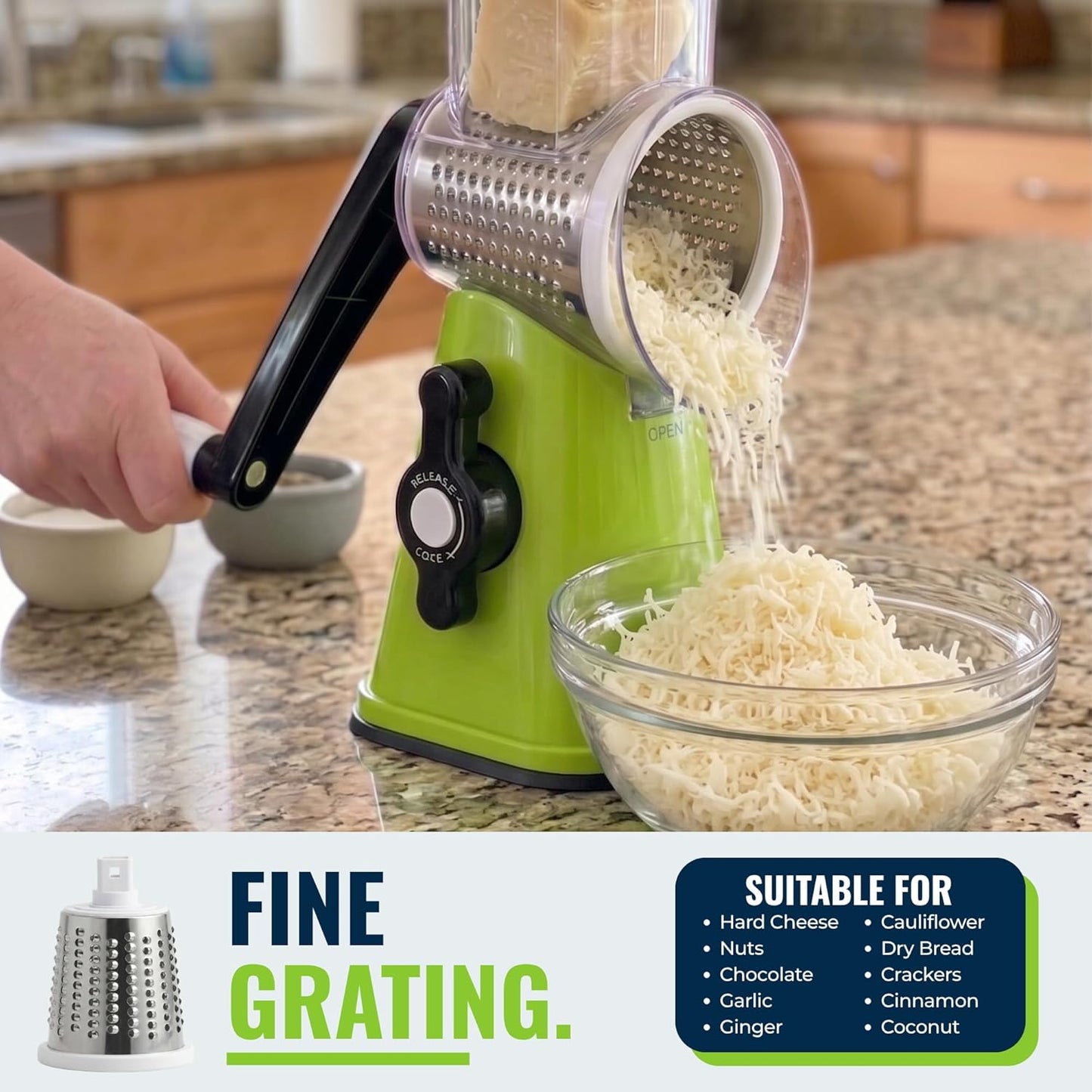 Rotary Cheese Grater with Handle – Manual Vegetable Slicer & Round Shredder – 3 Interchangeable Stainless Steel Blades for Cheese, Nuts, Chocolate – Strong Suction Base Kitchen Mandoline
