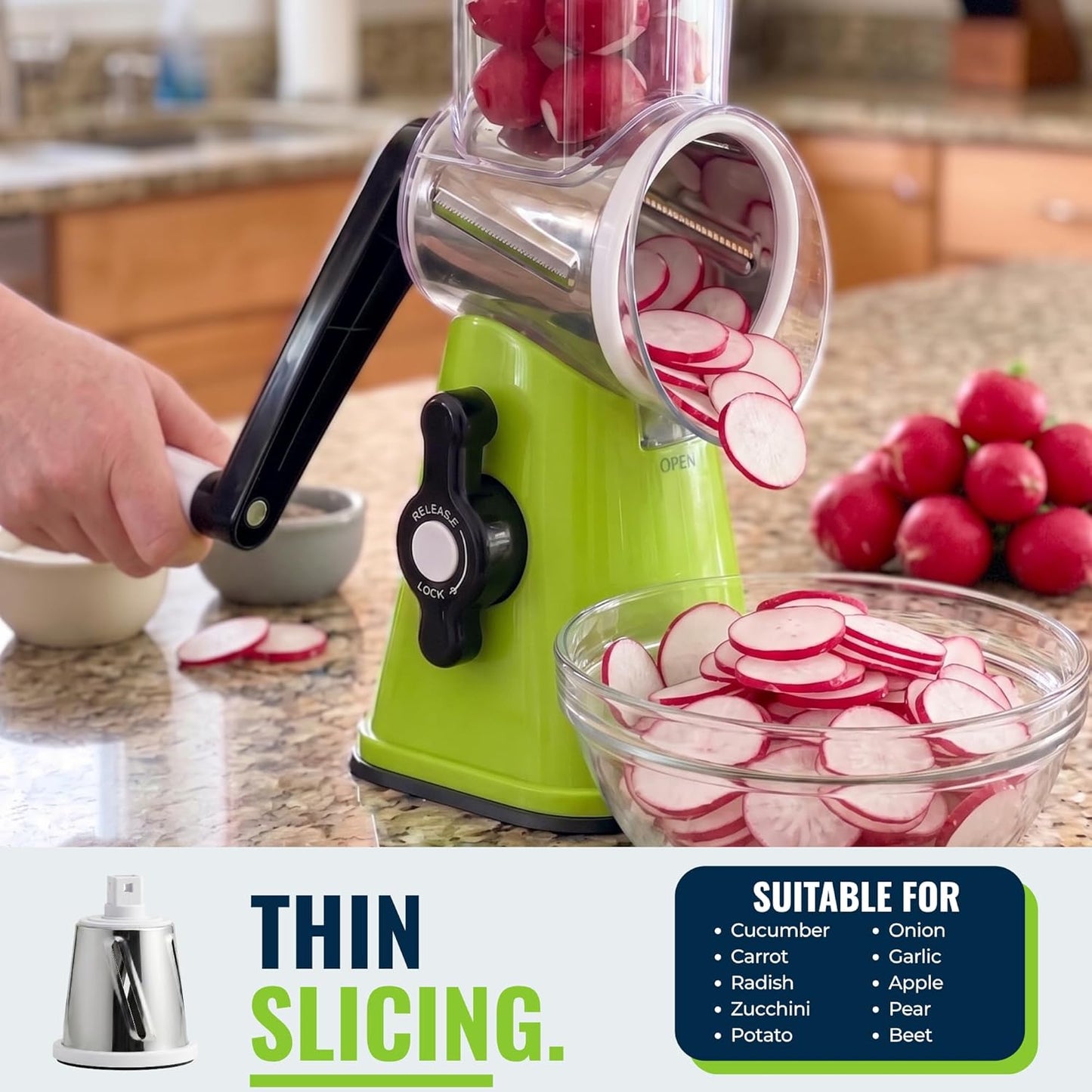 Rotary Cheese Grater with Handle – Manual Vegetable Slicer & Round Shredder – 3 Interchangeable Stainless Steel Blades for Cheese, Nuts, Chocolate – Strong Suction Base Kitchen Mandoline