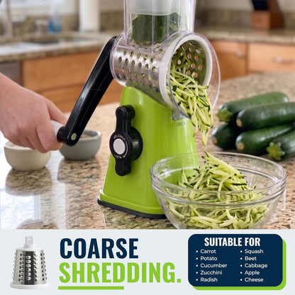 Rotary Cheese Grater with Handle – Manual Vegetable Slicer & Round Shredder – 3 Interchangeable Stainless Steel Blades for Cheese, Nuts, Chocolate – Strong Suction Base Kitchen Mandoline