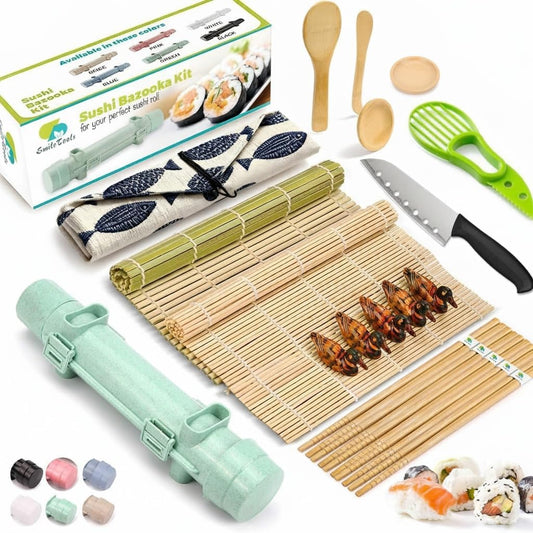 Sushi Making Kit, 22 in 1 Sushi Roller Sushi Maker Kit with Bamboo Sushi Rolling Mats, Bazooka, Chef's Knife, Chopsticks, Sauce Dishes, Rice Spreader, Avocado Slicer, Guide Book