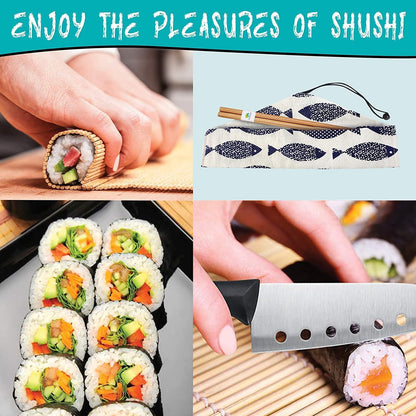 Sushi Making Kit, 22 in 1 Sushi Roller Sushi Maker Kit with Bamboo Sushi Rolling Mats, Bazooka, Chef's Knife, Chopsticks, Sauce Dishes, Rice Spreader, Avocado Slicer, Guide Book