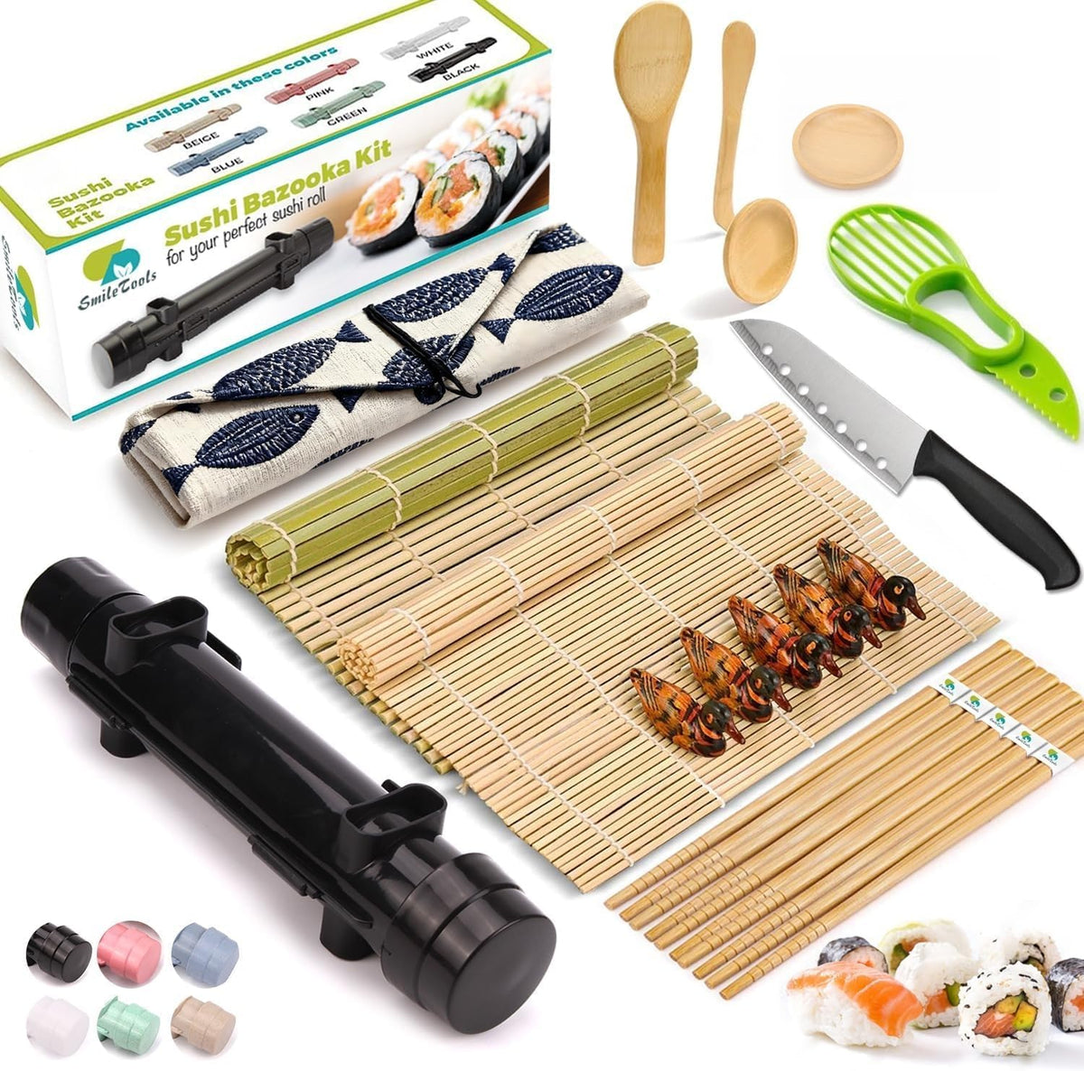 Sushi Making Kit, 22 in 1 Sushi Roller Sushi Maker Kit with Bamboo Sushi Rolling Mats, Bazooka, Chef's Knife, Chopsticks, Sauce Dishes, Rice Spreader, Avocado Slicer, Guide Book