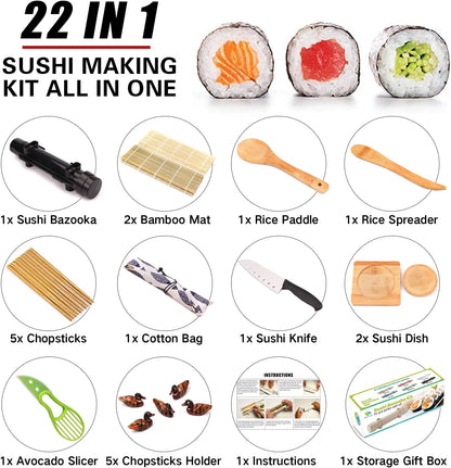 Sushi Making Kit, 22 in 1 Sushi Roller Sushi Maker Kit with Bamboo Sushi Rolling Mats, Bazooka, Chef's Knife, Chopsticks, Sauce Dishes, Rice Spreader, Avocado Slicer, Guide Book