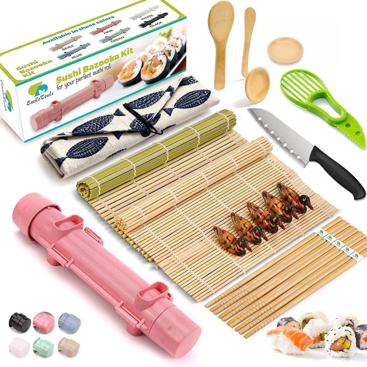 Sushi Making Kit, 22 in 1 Sushi Roller Sushi Maker Kit with Bamboo Sushi Rolling Mats, Bazooka, Chef's Knife, Chopsticks, Sauce Dishes, Rice Spreader, Avocado Slicer, Guide Book