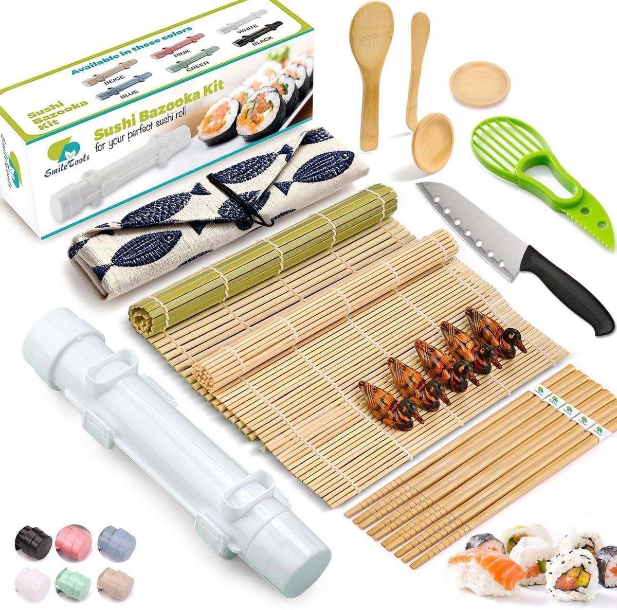 Sushi Making Kit, 22 in 1 Sushi Roller Sushi Maker Kit with Bamboo Sushi Rolling Mats, Bazooka, Chef's Knife, Chopsticks, Sauce Dishes, Rice Spreader, Avocado Slicer, Guide Book