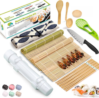 Sushi Making Kit, 22 in 1 Sushi Roller Sushi Maker Kit with Bamboo Sushi Rolling Mats, Bazooka, Chef's Knife, Chopsticks, Sauce Dishes, Rice Spreader, Avocado Slicer, Guide Book