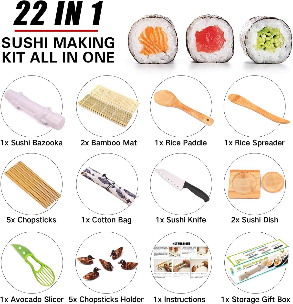 Sushi Making Kit, 22 in 1 Sushi Roller Sushi Maker Kit with Bamboo Sushi Rolling Mats, Bazooka, Chef's Knife, Chopsticks, Sauce Dishes, Rice Spreader, Avocado Slicer, Guide Book